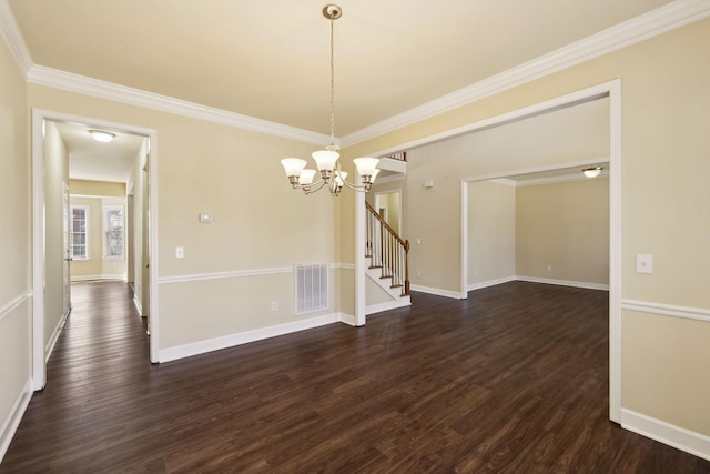 spare room featuring stairway, visible vents, dark wood finished floors, and ornamental molding