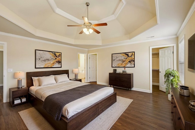 bedroom with a tray ceiling, dark wood-style flooring, baseboards, and a spacious closet