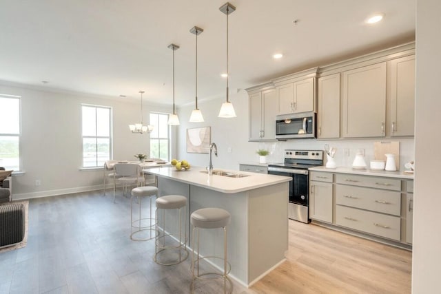 kitchen with a kitchen island with sink, stainless steel appliances, a sink, light countertops, and pendant lighting