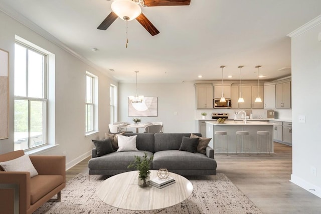 living room featuring baseboards, a healthy amount of sunlight, light wood-style flooring, and crown molding