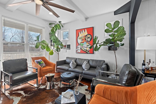 living room with ceiling fan and beam ceiling