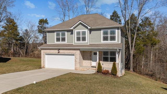 view of front of house with a garage, a shingled roof, brick siding, driveway, and a front lawn