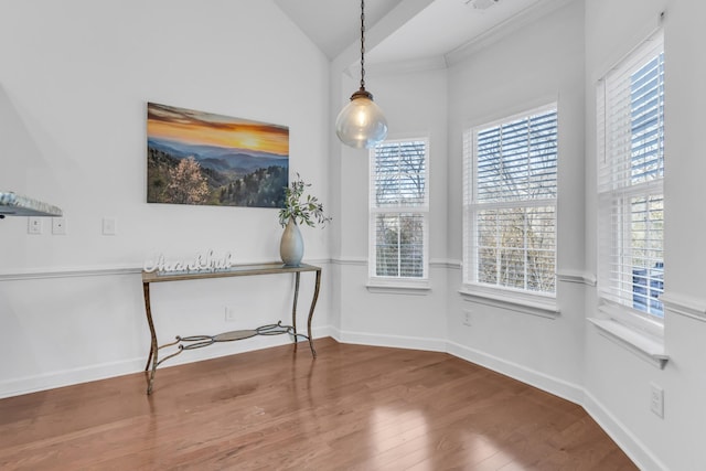 dining area with lofted ceiling, baseboards, and wood finished floors