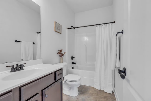 full bath featuring shower / tub combo, vanity, toilet, and tile patterned floors