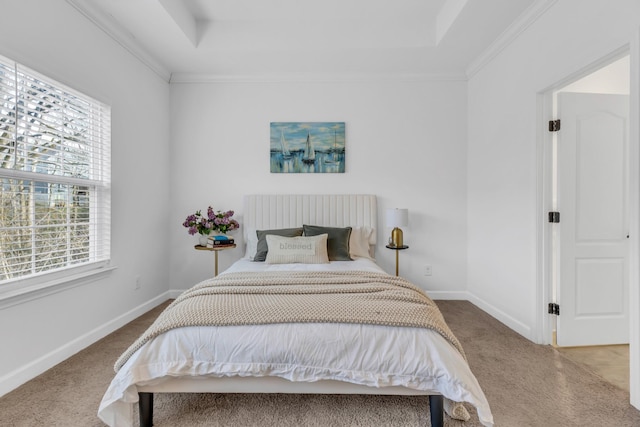 carpeted bedroom with crown molding, a raised ceiling, and baseboards