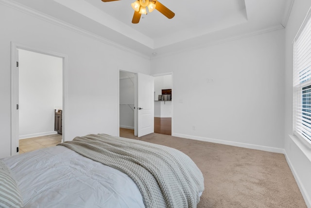 bedroom featuring baseboards, a raised ceiling, a ceiling fan, a spacious closet, and carpet floors