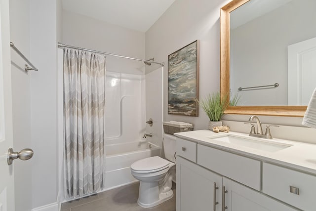 bathroom featuring toilet, shower / tub combo, and vanity