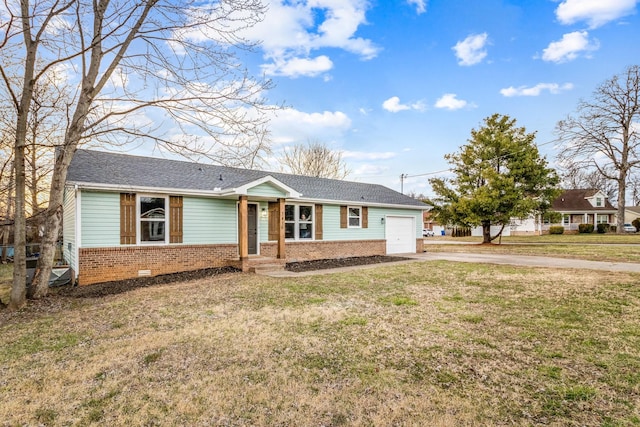 single story home with brick siding, a shingled roof, a garage, driveway, and a front lawn