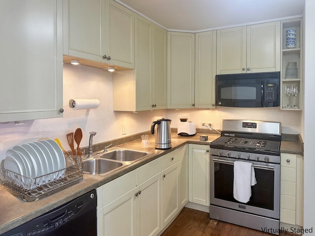 kitchen featuring black appliances, dark wood-style floors, open shelves, and a sink