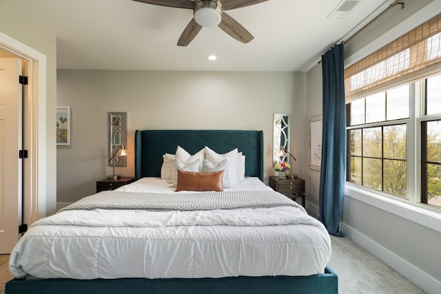 bedroom featuring baseboards, visible vents, a ceiling fan, carpet floors, and recessed lighting