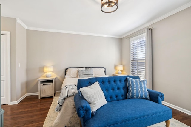 bedroom featuring crown molding, baseboards, and dark wood-type flooring