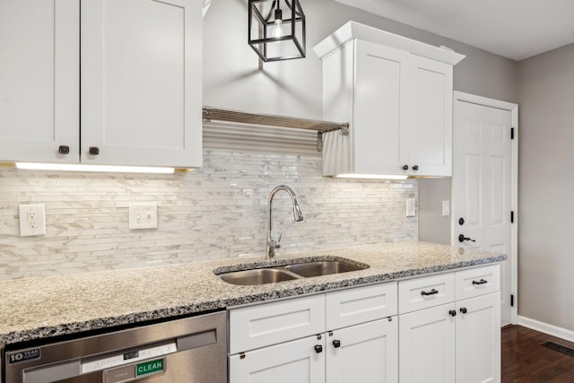 kitchen with visible vents, white cabinets, a sink, pendant lighting, and stainless steel dishwasher