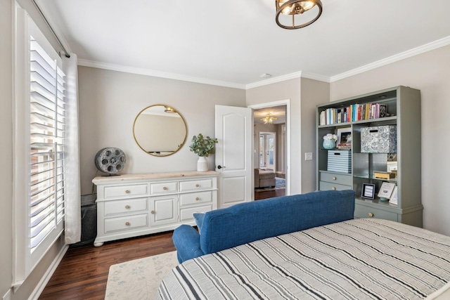 bedroom with dark wood-style floors and ornamental molding