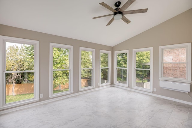 unfurnished sunroom with vaulted ceiling and a ceiling fan