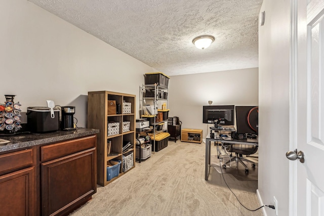 home office featuring a textured ceiling and light colored carpet