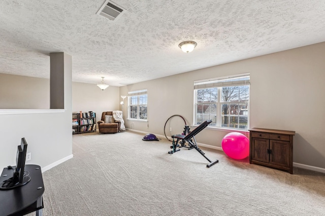 exercise room with a textured ceiling, carpet floors, visible vents, and baseboards