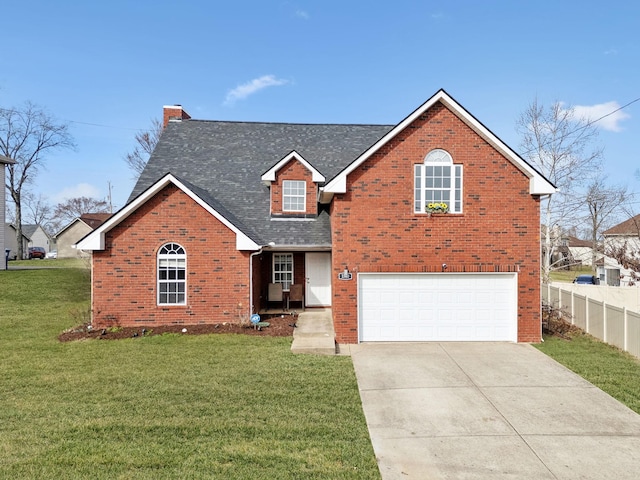 traditional-style home featuring a garage, brick siding, fence, driveway, and a front yard