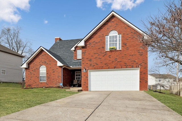 traditional home with an attached garage, brick siding, a chimney, and a front yard