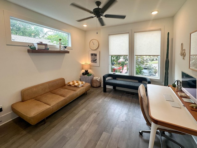 office space with baseboards, wood finished floors, a ceiling fan, and recessed lighting