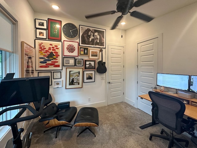 carpeted home office featuring recessed lighting, ceiling fan, and baseboards