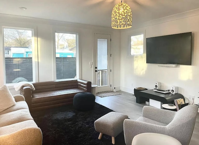 living area featuring plenty of natural light, wood finished floors, and baseboards