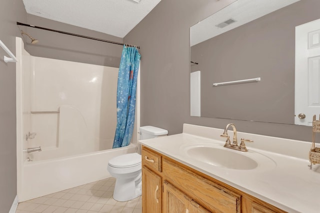 bathroom featuring a textured ceiling, toilet, visible vents, vanity, and shower / bath combination with curtain