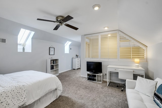 bedroom with vaulted ceiling, ceiling fan, carpet, and baseboards