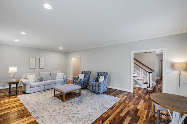 living area featuring stairway, recessed lighting, dark wood finished floors, and baseboards