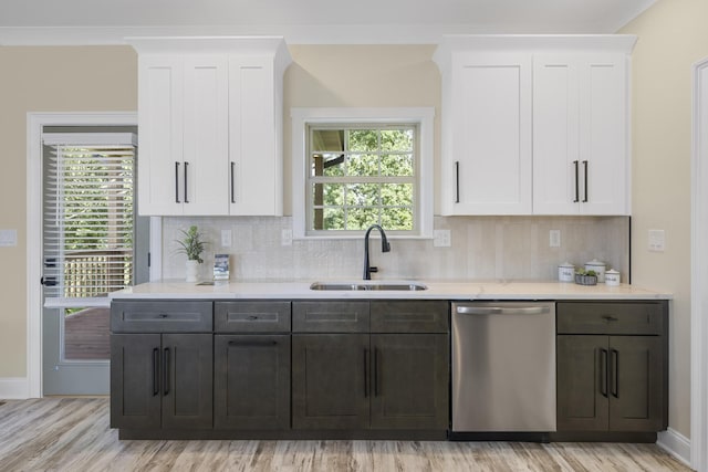 kitchen featuring light countertops, stainless steel dishwasher, a sink, and white cabinets