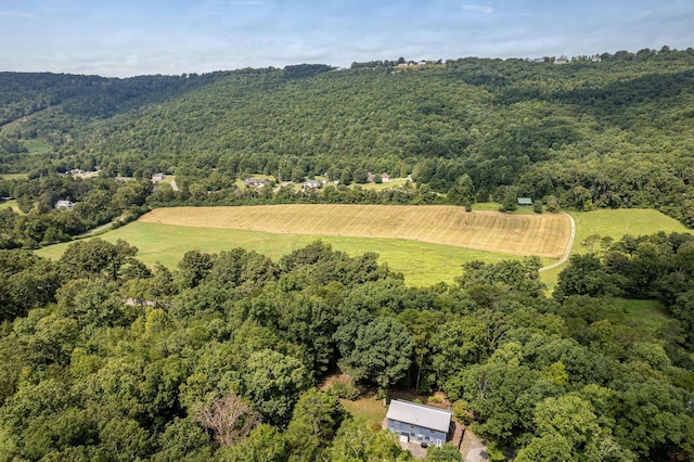 birds eye view of property featuring a rural view and a view of trees