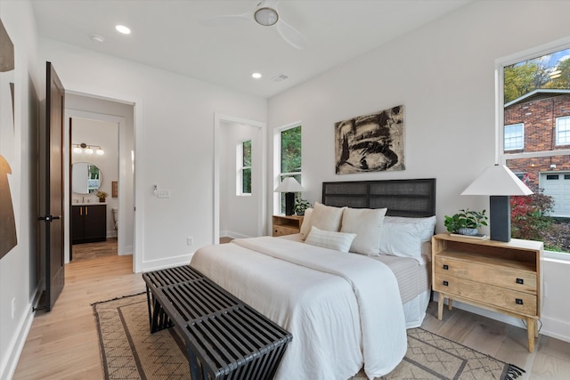 bedroom featuring light wood-style floors, baseboards, a ceiling fan, and recessed lighting