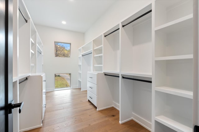 walk in closet with light wood-style flooring