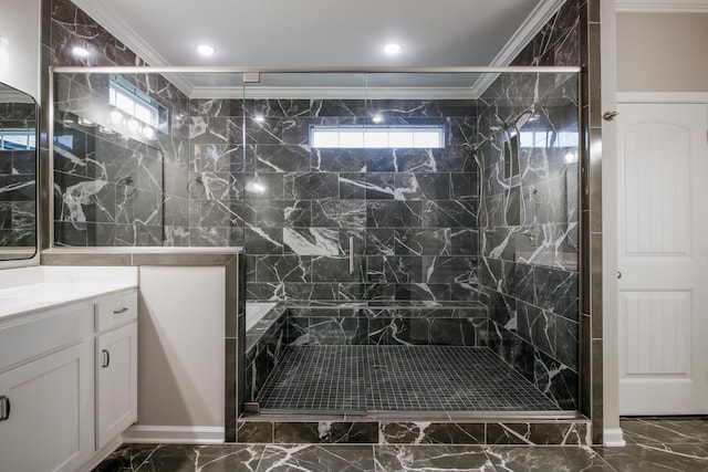 full bathroom with a healthy amount of sunlight, marble finish floor, ornamental molding, and vanity