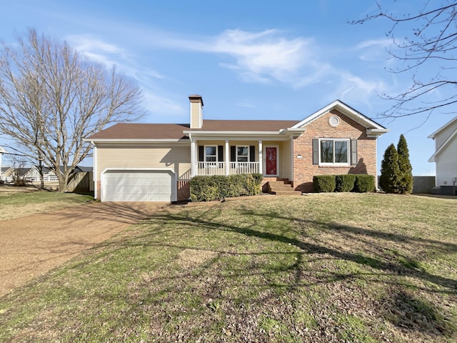 ranch-style house featuring dirt driveway, a porch, an attached garage, a front lawn, and brick siding