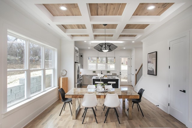 dining room with a healthy amount of sunlight, light wood finished floors, baseboards, and recessed lighting