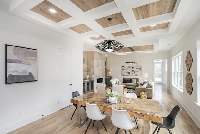 dining space with light wood finished floors, baseboards, coffered ceiling, beamed ceiling, and recessed lighting