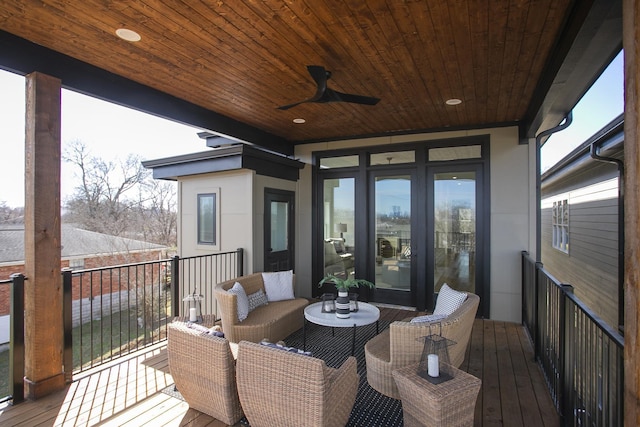 balcony with a ceiling fan and an outdoor hangout area