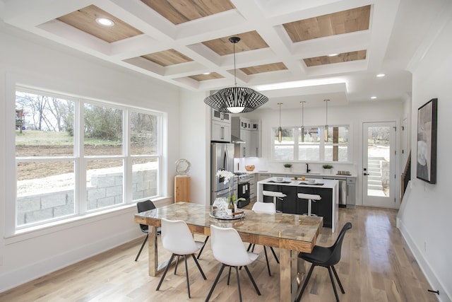 dining area with baseboards, coffered ceiling, and a wealth of natural light