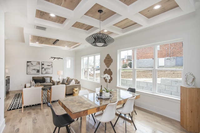 dining space with coffered ceiling, beamed ceiling, light wood-style flooring, and baseboards