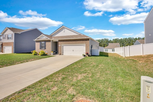 ranch-style home with fence, a front lawn, concrete driveway, and brick siding