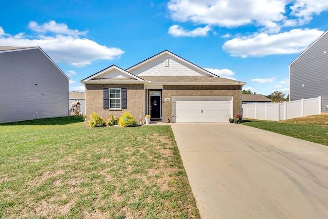 ranch-style house with a front yard, fence, driveway, and an attached garage