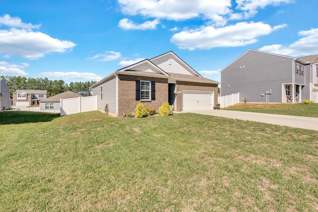 ranch-style house with a front yard, brick siding, fence, and driveway