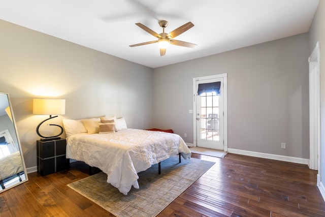 bedroom with a ceiling fan, access to outside, baseboards, and hardwood / wood-style flooring