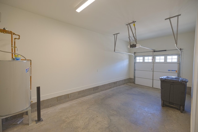 garage with a garage door opener and electric water heater