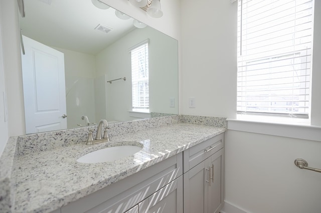 bathroom with a wealth of natural light, visible vents, and vanity