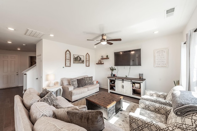 living area with ceiling fan, wood finished floors, visible vents, and recessed lighting