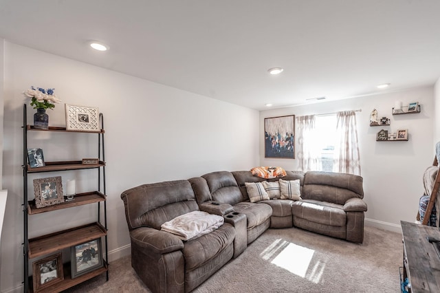 living area with carpet, visible vents, baseboards, and recessed lighting