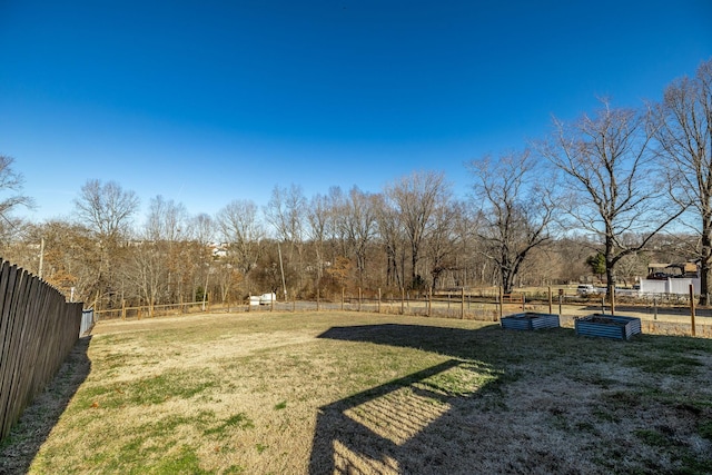 view of yard with a fenced backyard and a vegetable garden