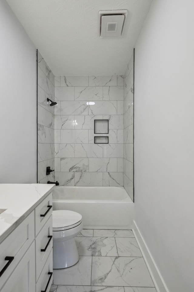 full bath with shower / bath combination, baseboards, toilet, marble finish floor, and vanity