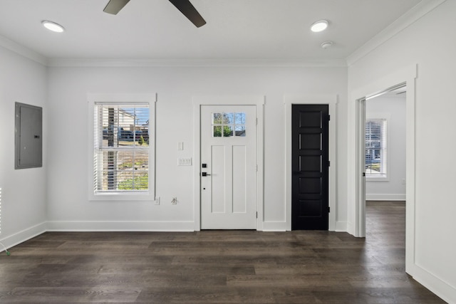 foyer entrance featuring baseboards, electric panel, ornamental molding, and dark wood-type flooring